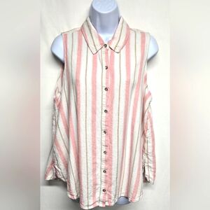 Splendid L Linen Blend Sleeveless Top Button Down Collared Stripes